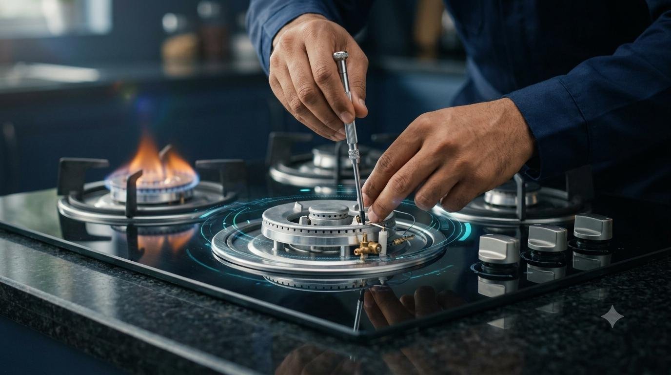 Close-up of gas burner repair with professional tools