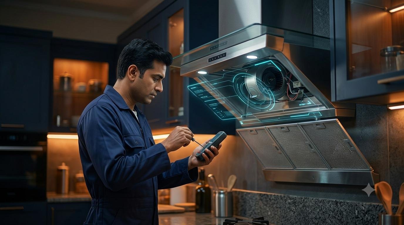Technician servicing kitchen chimney with diagnostic tools