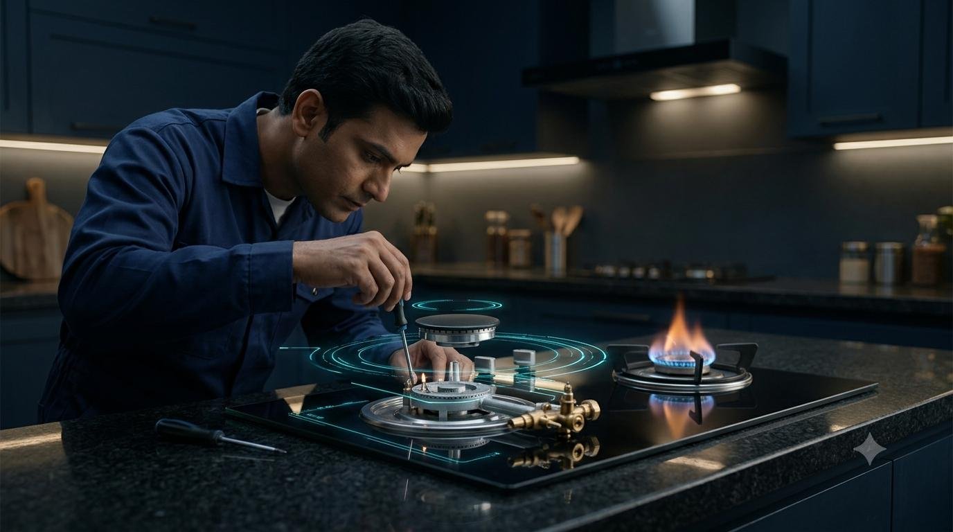 Technician repairing gas stove in modern kitchen