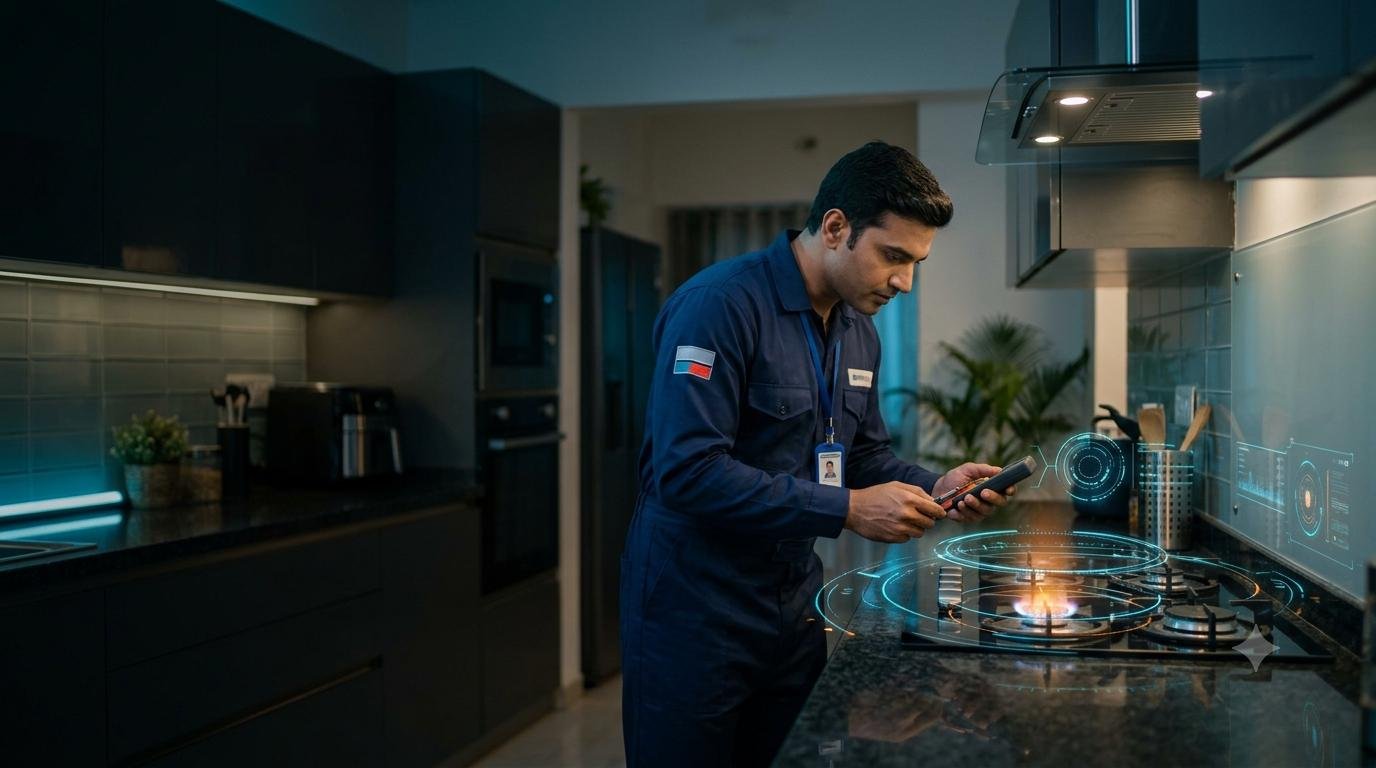 Technician diagnosing gas hob in modern kitchen